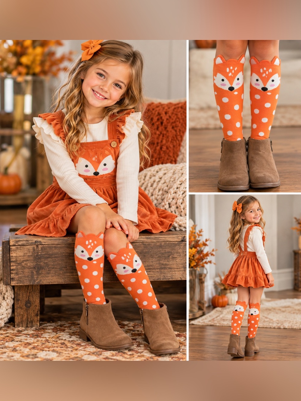 Kids Fox Knee High Socks Size 10–12 | Orange Polka Dot Socks | Cute Animal Socks